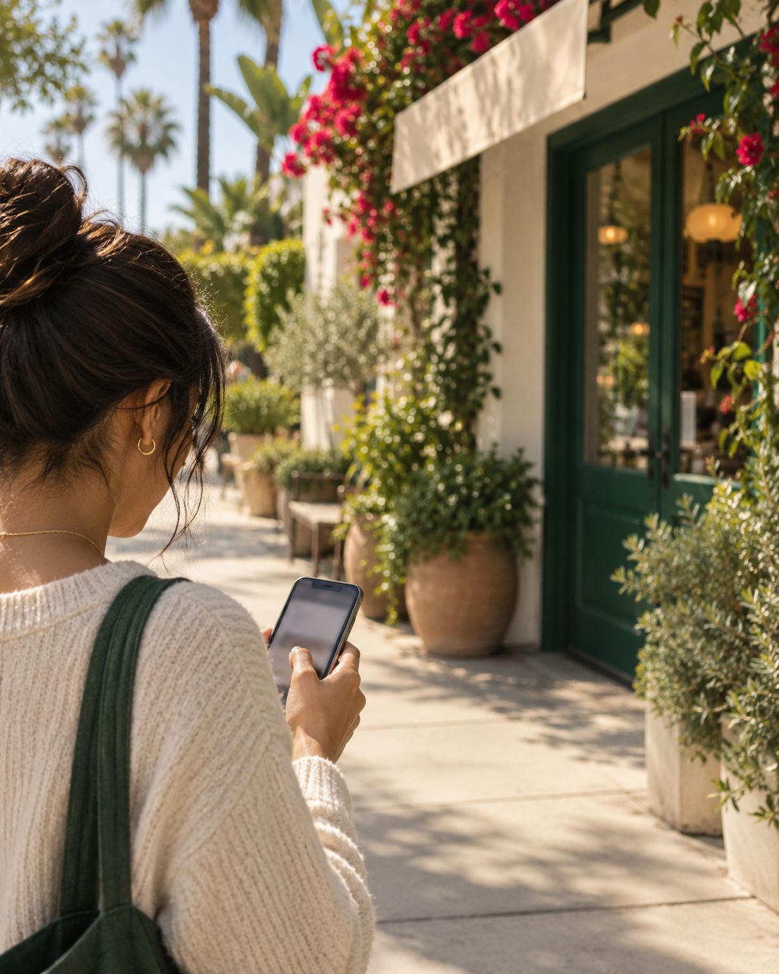 A customer on a sunny San Diego sidewalk searching on their phone